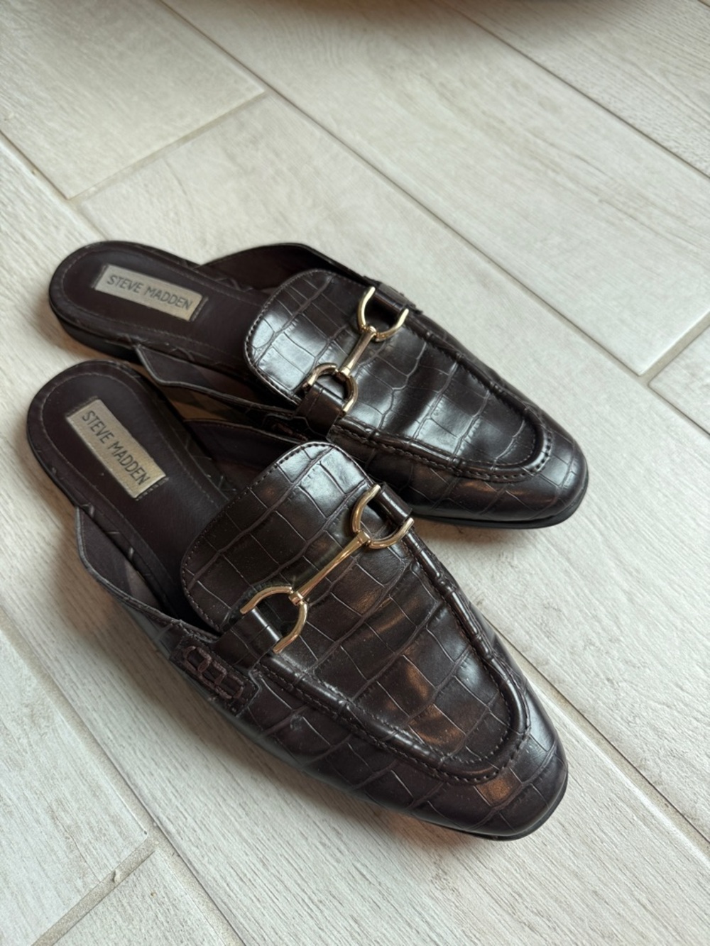Steve Madden Dark Brown Croc-Embossed Slip-On Loafers with Gold Bit